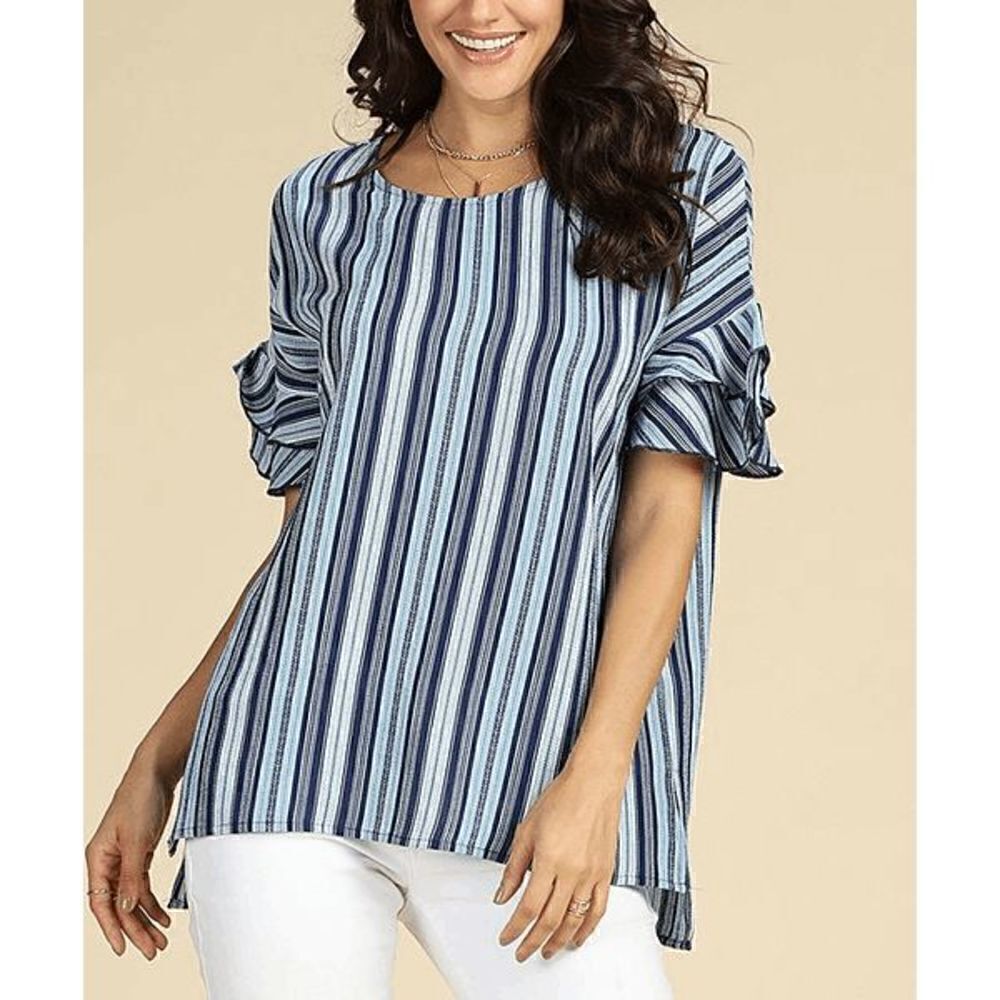 Suzanne Betro Blue Stripe Ruffle-Sleeve Drop-Shoulder Tunic 4X #2063-D5
